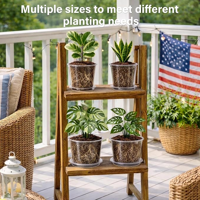 Bluepro 12 Pack 10/8/6/5 Inch Reinforced Large Clear Nursery Pots with Sacuers, Transparent Variety Pack Plastic Garden Pot with Drainage Holes for Vegetable Propagation, Root Cutting, Seed Starting