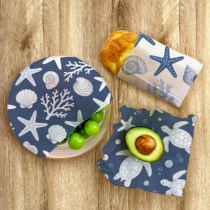 Reusable Beeswax Wraps, 9 Pack Eco-Friendly Food Storage, Organic, Sustainable, Zero Waste, Plastic-Free, Sandwich, Bowl, Fruit, 1XL, 3M, 5S, Navy Blue Turtle Starfish Coral Shell Pattern