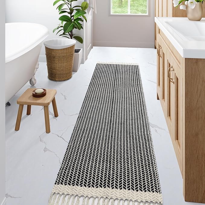 Lahome Belle Boho 2x7 Hallway Runner Rug, Bathroom Runners Lightweight Entry Woven Cotton Black Runner Rug with Tassels, Farmhouse Door Mats Indoor Low Pile Carpet for Laundry Room Decor