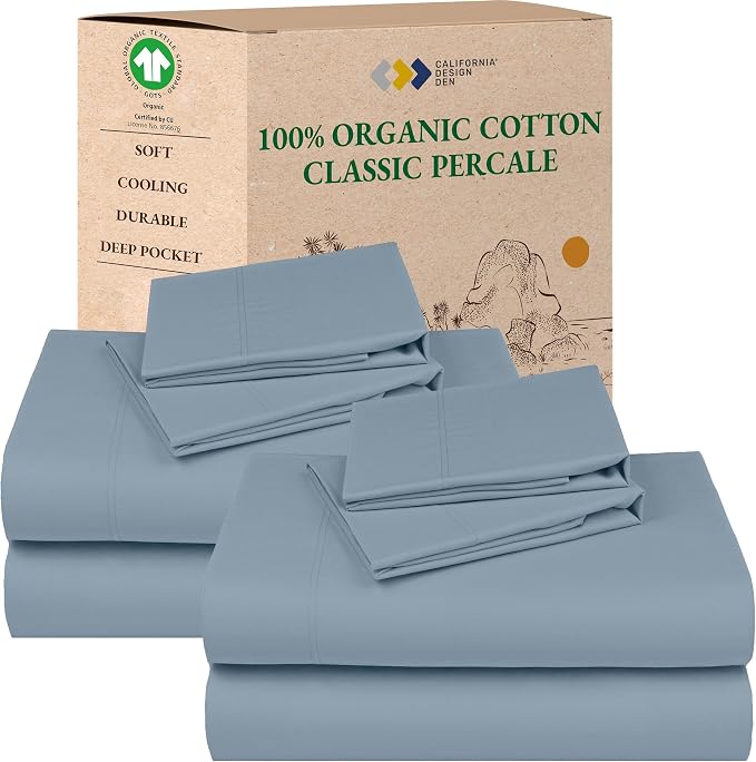 California Design Den Pack of 2 King Sheets Deep Pocket Set - 100% Organic Cotton, Crisp Percale, King Size Sheet Sets, Lightweight Bedding - Blue Hydrangea