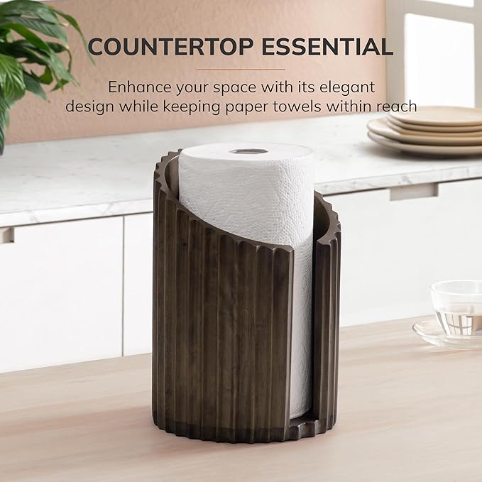 Anji Mountain Wooden Paper Towel Holder Countertop with Mango Wood Round Base and Iron Holder, Holder Stand for Kitchen Roll Organizer & Kitchen Dining Table Home Decor - Chocolate/Black, Fluted