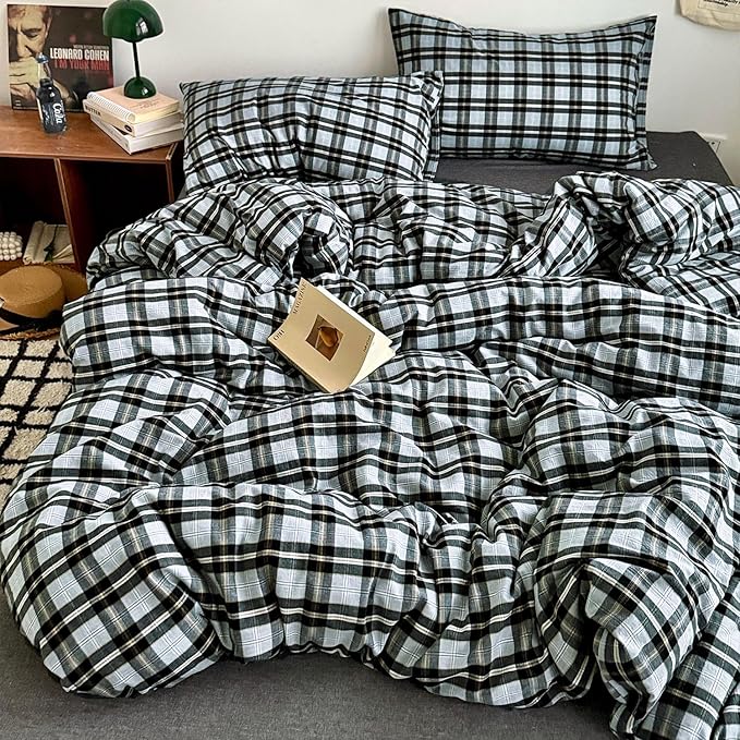 mixinni Vintage Grey & Pale Blue Buffalo Plaid Duvet Cover Set Twin XL Size - 3 Piece Washed Cotton Bedding Set with Grid Pattern, Soft & Breathable Duvet Cover with Pillowcases for Boys, Men& Women