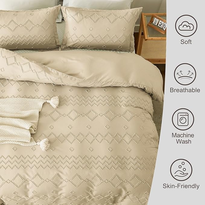 EMME Queen Duvet Cover Boho, Tufted Microfiber Comforter Cover Set for All Seasons, 3 Pieces Embroidery Chic Boho Bedding Set, 1 Duvet Cover + 2 Pillowcases (Beige, Queen)