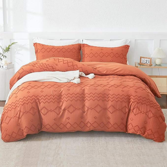 EMME Boho Duvet Cover Twin Size Pumpkin - 2 Pieces Soft & Breathable Tufted Boho Shabby Chic Embroidery Bedding Set for All Seasons, 1 Duvet Cover with 1 Pillow Shams & Zipper Closure (Pumpkin, Twin)