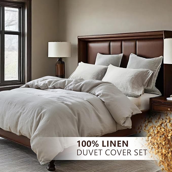 100% Linen Duvet Cover Set, 3 PCS Natural French Flax Light Grey Duvet Cover Queen Size, Breathable Soft Comfy Linen Bedding Comforter Cover with 2 Pillowcases(Light Grey, 88" x 92")