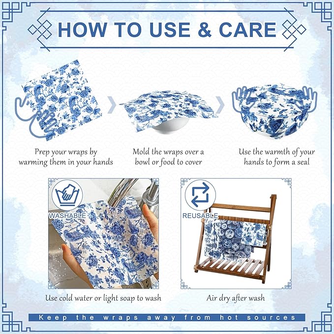 Tigeen 9 Pack Reusable Beeswax Wrap for Food Chinoiserie Beeswax Paper for Sourdough Bread Cheese Paper Wrapping Wax Cloth Food Wraps Bread Sandwich Wrapper 1 XL 3 Medium 5 S (Blue,Chinoiserie)