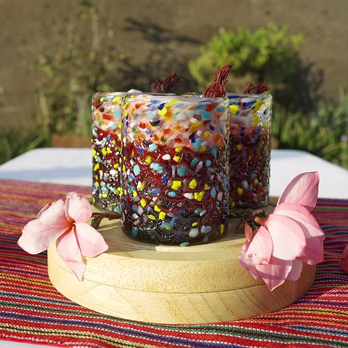 Confetti Dots Hand Blown Tumbler Glasses Set of 6 – Colorful Mexican Glassware – 10 oz Recycled Glass Tumbler – Hand blown Mexican Drinking Glasses for Cocktails, Wine & Tequila