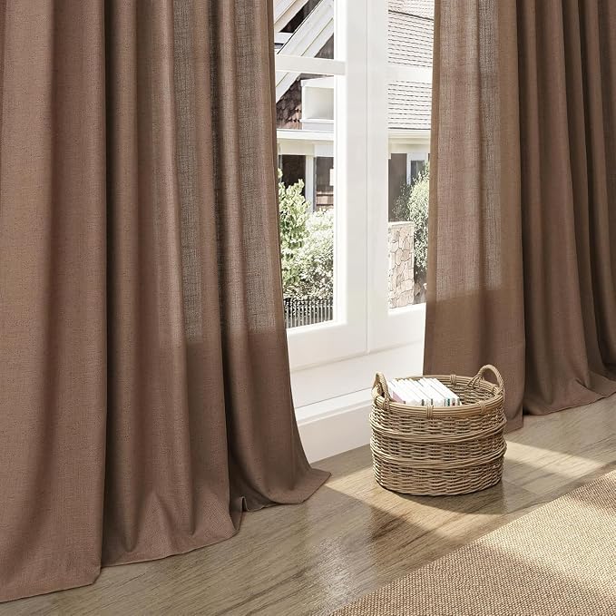 Caramel Brown Linen Curtains for Living Room 98 Inches Long Back Tab and Rod Pocket Light Filtering Semi Sheer Vintage Rustic Curtain Luxury Boho Decor Drapes for Bedroom Office 52x98, 2 Panels