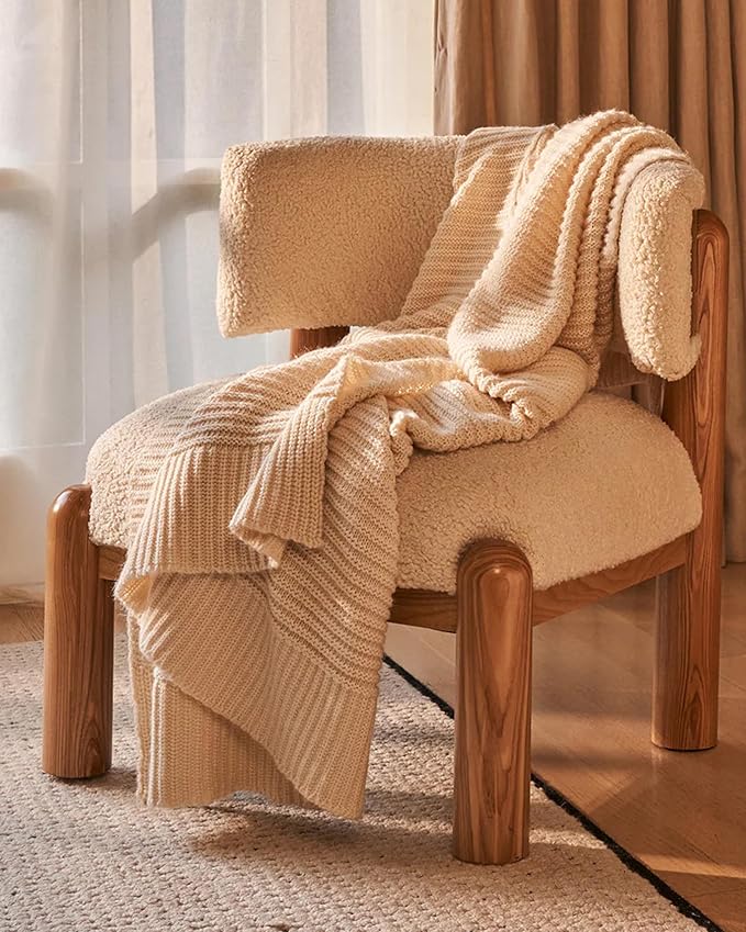 UnHide Melange Knit Blanket - 60" x 80" Textured & Ultra-Soft Wool Throw - Timeless & Breathable Knitted Blanket for Bedroom & Living Room - Snow White