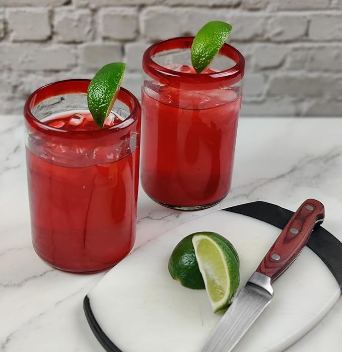 Dos Sueños Hand Blown Mexican Drinking Glasses - Set of 6 Glasses with Red Rims (14 oz each)