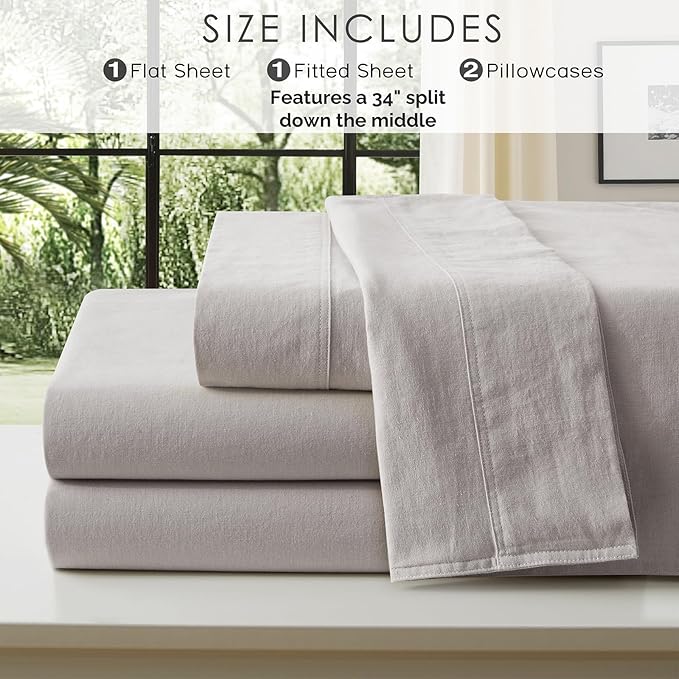 4Pcs Linen Sheets Flex Top Split Head King Size, 100% French Linen from Normandy, Natural Linen Split Head King Sheet Set with 16 Inch Deep Pocket, 1 Flat Sheet, 1 Fitted Sheet, 2 Pillowcases