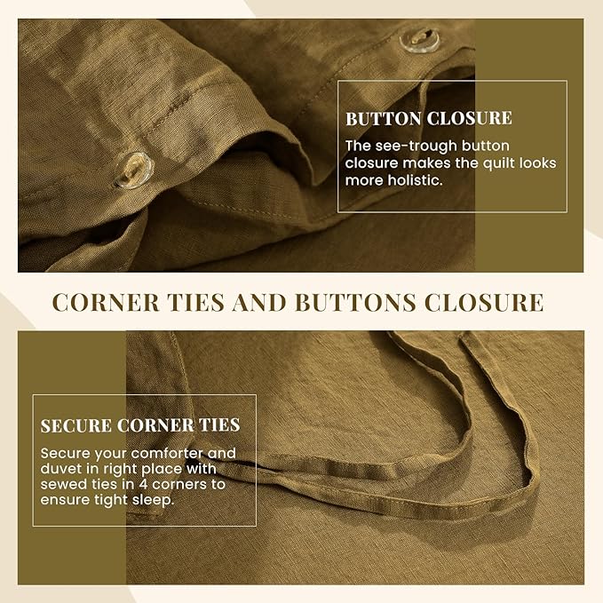 S VICTORY SYMBOL 100% Organic Linen Duvet Cover King Set,Natural French Washed Flax Comforter Cover(1 Duvet Cover and 2 Pillowcases) with Button Closure,3Pcs Bedding Set,Ecru Olive