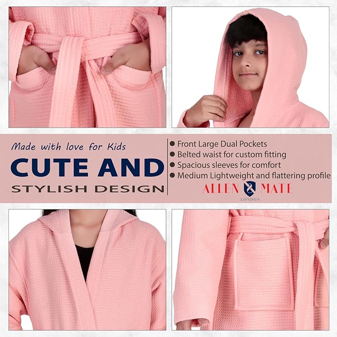 ALLEN & MATE 100% Cotton Waffle Terry Towel Hooded Kids Bathrobe – Soft Absorbent Medium Weight Swim Robe for Boys & Girls