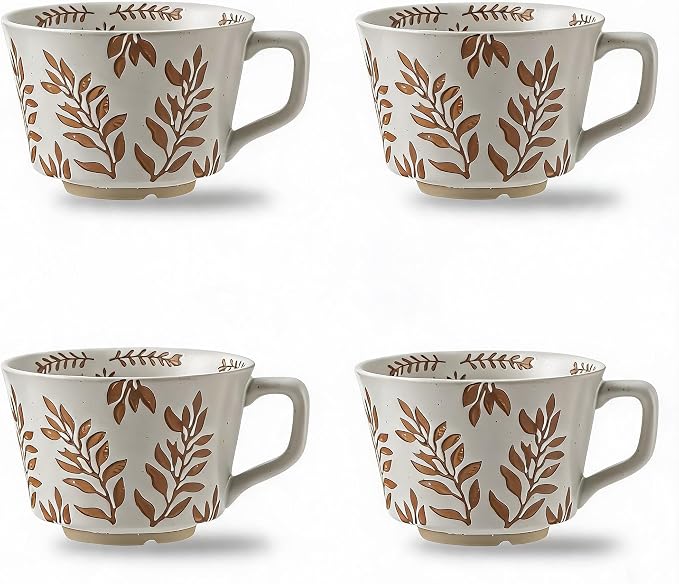 4 Pack 12oz Embossed Leaf Ceramic Coffee Mugs, Vintage Speckled Stoneware Tea Cups, Rustic Brown Spring Leaf Large Drinking Mugs, Microwave & Dishwasher Safe, Farmhouse Kitchen Decor, Gift Set