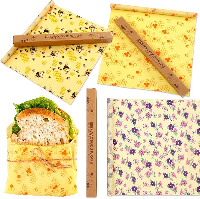 Fanfanwin 3 Rolls Beeswax Wraps for Food Reusable 13 x 39 Inch Cut to Size Beeswax Wraps for Food Organic Sustainable Biodegradable Zero Waste Plastic Free Foods Storage (Bees, New Beehive, Flower)