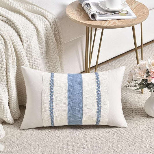 Fancy Homi Set of 1 Boho Light Blue Long Lumbar Decorative Throw Pillow Cover 12x24 Inch for Couch Bed Sofa Chair, Modern Organic Farmhouse Home Decor, Soft Cotton Cute Accent Rectangle Cushion Case