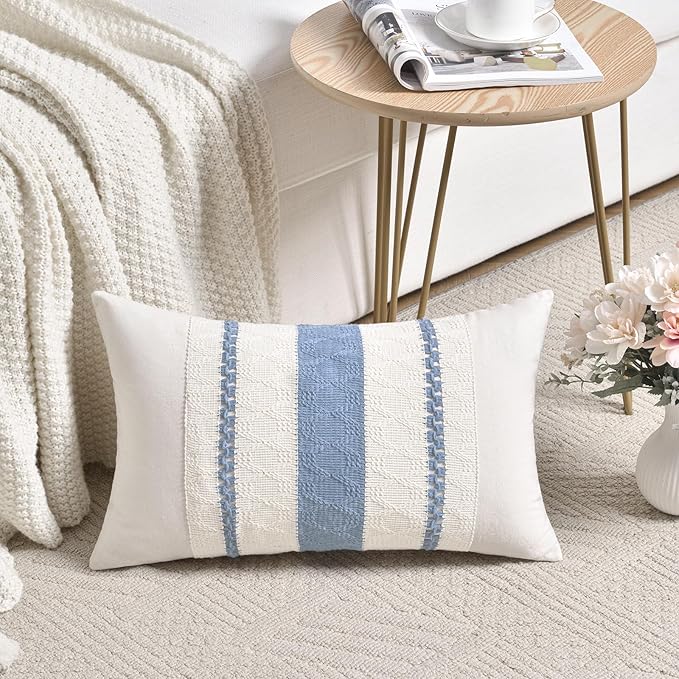Fancy Homi Set of 2 Boho Light Blue Long Lumbar Decorative Throw Pillow Cover 12x24 Inch for Couch Bed Sofa Chair, Modern Organic Farmhouse Home Decor, Soft Cotton Cute Accent Rectangle Cushion Case