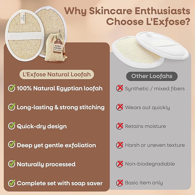 L'Exfose Organic Natural Loofah Body Scrubber for Shower – Dual Sided Egyptian Fiber Plastic Free Loofah – Quick Dry Natural Body Scrubber with Sisal Soap Saver Bag – Minimal Spa Gift for Men Women
