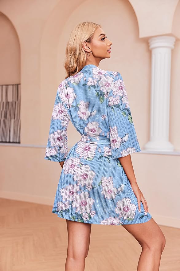 Ekouaer Robes for Women Waffle Knit Bathrobe Soft Lightweight Knee Length Loungewear S-XXL