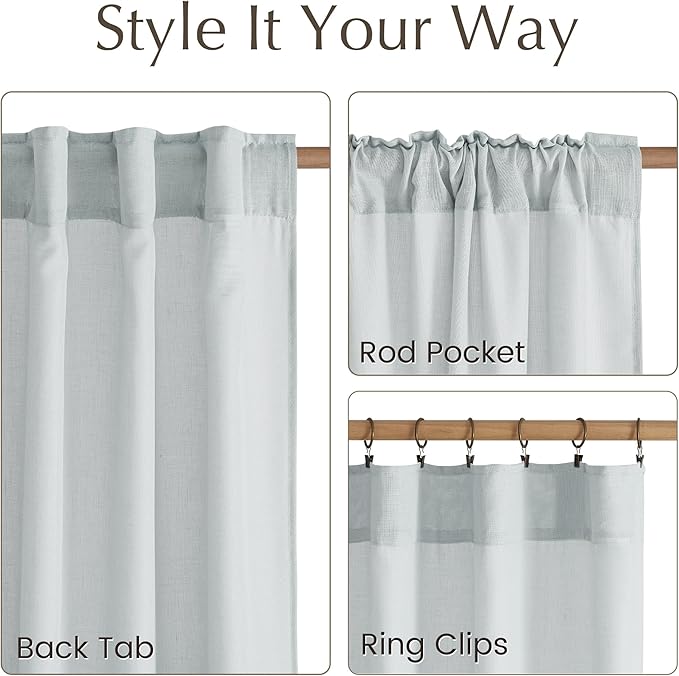 NICETOWN Linen Blend Light Cyan Curtains 84 inches Long, Rod Pocket & Back Tab Light Filtering Semi Sheer Window Treatments Privacy Added Drapes for Living Room, W55 x L84, 2 Panels