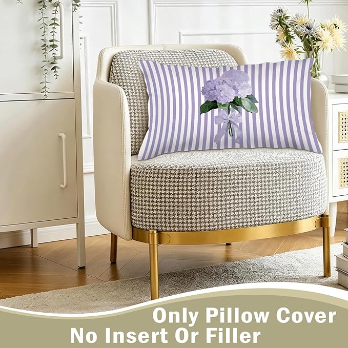 Cottagecore Purple Hydrangea Floral 12x20 Pillow Cover, Preppy Girly Lavender Bow Botanical Flower Purple Striped Decorative Lumbar Pillow Cover for Girls Room Dorm Bedroom Living Room Home