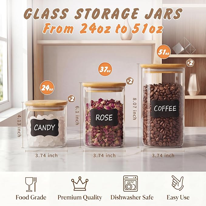 SENTVEND 24 Oz/ 37 Oz/ 51 Oz Glass Storage Jars with Bamboo Lids - 6 Pack Clear Glass Canisters Square Airtight Stackable Ideal for Pantry Storage Containers Great for Cereal Coffee Beans Snacks etc