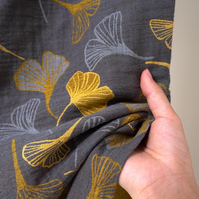 100% Cotton Gauze Ginkgo Leaf Kimono Robe, Long Knit Loose Bathrobe Nightgown Ladies Loungewear Sleepwear for Women