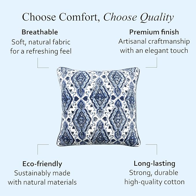 CPC Sea Blue Block Print Throw Cushion Cover 18 x 18 Inch Set 2 - Decorative Boho Floral Pillow Case for Living Room, Bed, Sofa, Couch, Home Decor Cushion Cover Gift for Spring, Mother's Day
