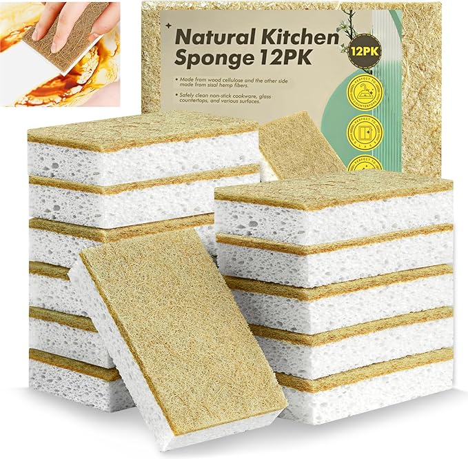 Natural Kitchen Sponges, 12 Pack Eco Biodegradable Compostable Coconut Fiber & Cellulose Heavy Duty Scrub Sponge for Dishes, Organic Non-Scratch Cleaning Sponges for Non Stick Cookware, Pots