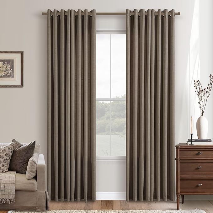 Chocolate Brown Linen Curtains 86 Inches Long 2 Panels Set Faux Burlap Semi Sheer Non See Through Privacy Bronze Grommet Drapes Farmhouse Rustic Window Curtains Dark Brown for Living Room 52x86