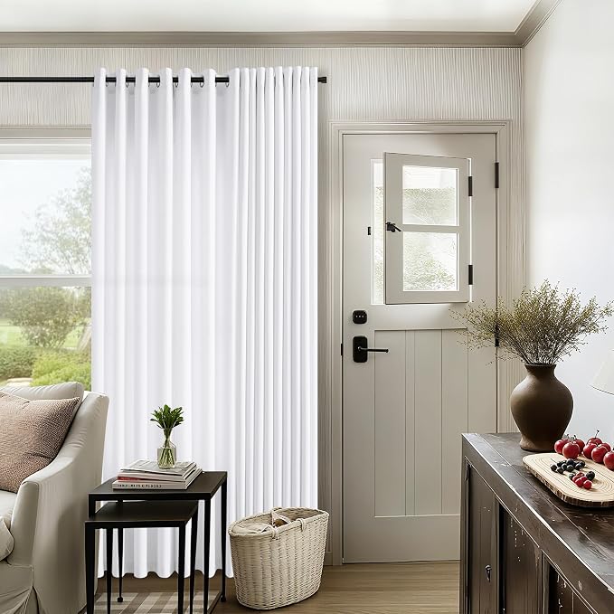 Grommet Linen White Long Curtains 90 Inches Long for Living Room 2 Panels Set Light Filtering Neutral Modern Farmhouse Boho Non-See-Through 90 Inches Length 8 ft Window Curtain for Sliding Door Patio