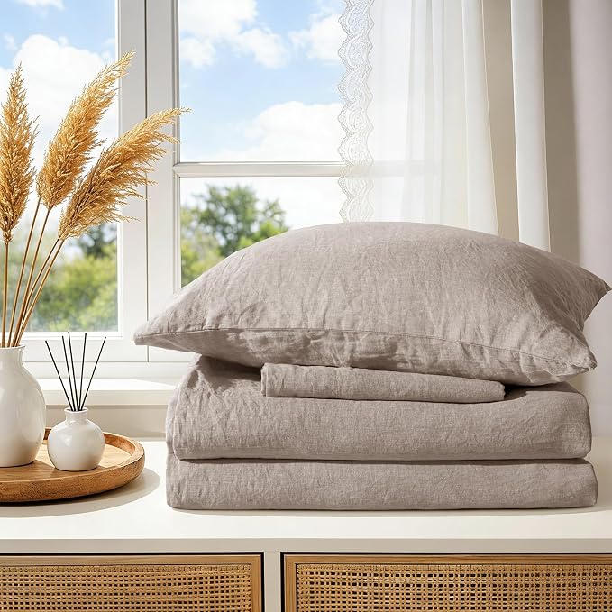 100% Pure Linen Duvet Cover Set King Size 3 Pcs Natural Linen Bedding Zipper Closure Breathable Soft Comforter Cover Sets, Cozy for All Season (King, Linen)