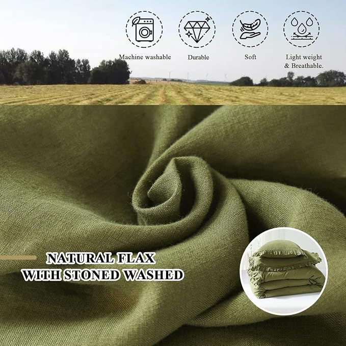 Simple&Opulence 100% Linen Duvet Cover Set, 3 PCS Natural French Flax Ruffle Duvet Cover King Size, Breathable Comfy Linen Bedding Comforter Cover with 2 Pillowcases (Olive Green, 104" X 92")
