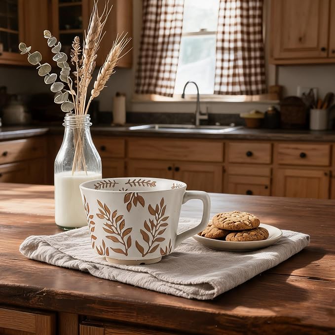4 Pack 12oz Embossed Leaf Ceramic Coffee Mugs, Vintage Speckled Stoneware Tea Cups, Rustic Brown Spring Leaf Large Drinking Mugs, Microwave & Dishwasher Safe, Farmhouse Kitchen Decor, Gift Set