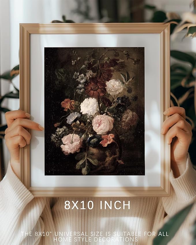 Vodefoad Vintage Moody Floral Wall Art Retro Dark Flower Painting Farmhouse Wall Decor Antique Oil Painting Victorian Print for Bedroom Bathroom Living Room Decor - 8x10Inch Unframe
