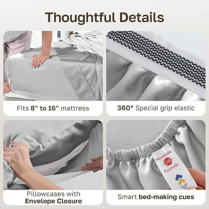 California Design Den 100% Egyptian Cotton Sheets Queen Size Set - Certified Authentic Luxury Queen Sheet Set, Soft Sateen, Breathable Bedding for Hot Sleepers - Light Grey