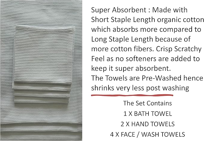 Bath Towel Set Waffle Organic Cotton GOTS Certified Blue Mist Super ABSORBANT & Quick Dry NO SOFTENERS Environment Friendly1xBATH 58x30.5, 2xHAND 29x20, 4xFACE 12x12INCH