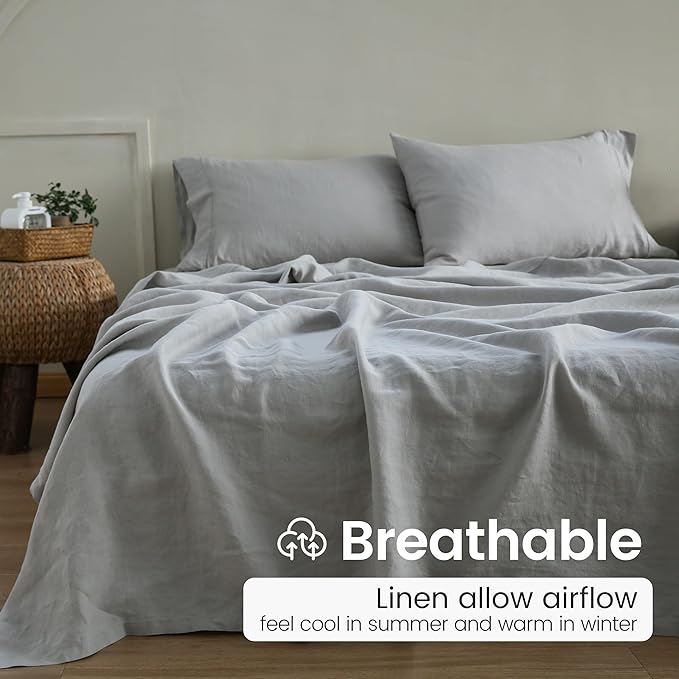 100% French Linen Pillowcases with Embroidery - Pack of 2 - Washed Solid Color Natural Flax Soft Breathable - Grey, 20'' x 30''