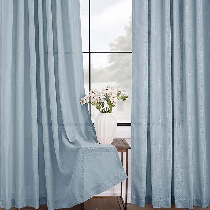 Stone Blue Curtains for Living Room Back Tab Modern Farmhouse Semi Sheer Blue Curtains 45 inches Long 2 Panels Set Muted Neutral Window Curtain for Dining Room Bedroom 52x45