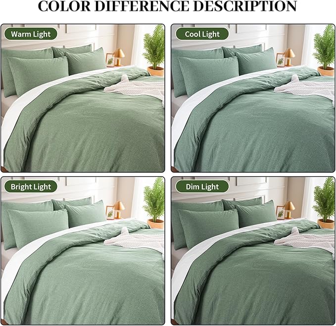 NEXHOME PRO Duvet Cover Twin 100% Washed Cotton, Organic Natural Linen Like Textured, Breathable, Durable, Home Bedding Set, Heathered Green 6890