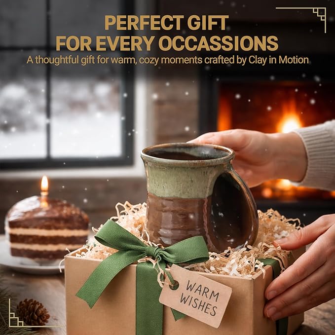 Clay in Motion Hand Warmer Coffee Mug – Handmade Coffee Mug With Comfortable Handle Contoured Pocket Hand Warming Ceramic Coffee Mug – Proudly Made in USA – Right Handed – 14 Oz - Mocha