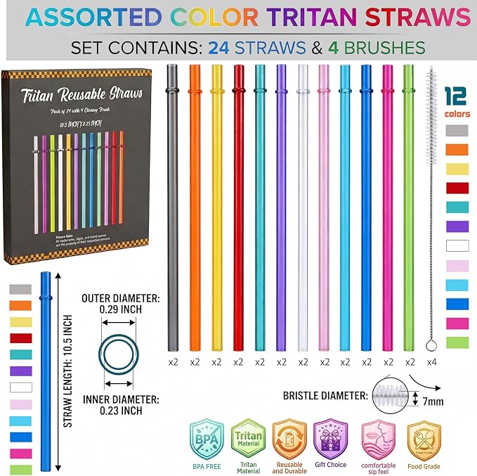 24 Pack Reusable Tritan Straws with 4 Cleaning Brushes, 10.5 Inch Hard Plastic Drinking Set, 12 Colors, BPA Free Dishwasher Safe, for Tumblers, Iced Coffee, Smoothies, Cups and Jars