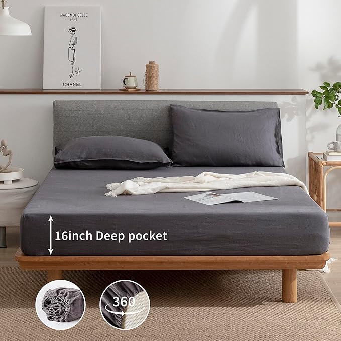 EVERLY Linen California King Size Sheets Set, 100% Stonewashed French Linen Bed Sheets Deep Pocket Sheets, 4 Pieces (1 Flat Sheet, 1 Fitted Sheet, 2 Pillowcases) Natural Flax Bedding Set-Dark Grey