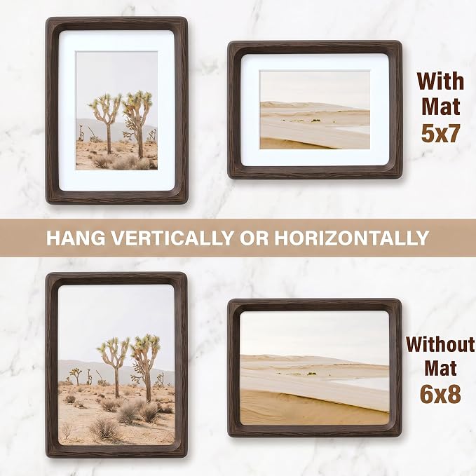 Fun Memories 6x8 Picture Frame, Natural Wenge Wood Photo Frames with HD Tempered Glass, Handcrafted Rounded Corner 6 x 8 Wooden Frames Matted to 5x7 Photos, 6x8 Frame, Tabletop or Wall Display