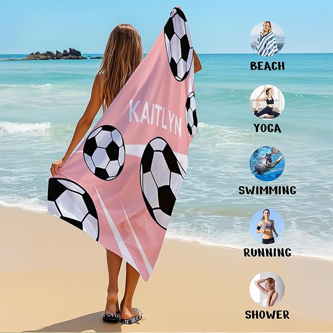 Personalized Beach Towel With Name, Custom Beach Towel with Text, Customized Football Microfiber Pool Towel, Quick Dry & Absorbent Swim Towel for Adult,Anniversary, Birthday, Summer Holiday,Vacation
