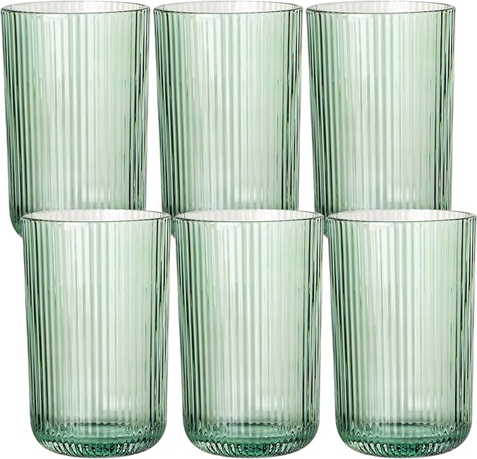 Green Ribbed Highball Glasses Set of 6, 13.2oz Sage Green Colored Glassware, Drinking Glasses for Water, Juice, Iced Coffee, Cocktails, Green Glass Cups, Housewarming Christmas Gift