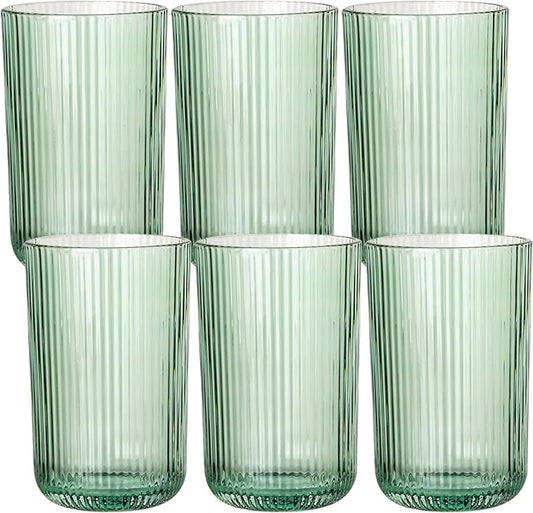 Green Ribbed Highball Glasses Set of 6, 13.2oz Sage Green Colored Glassware, Drinking Glasses for Water, Juice, Iced Coffee, Cocktails, Green Glass Cups, Housewarming Christmas Gift