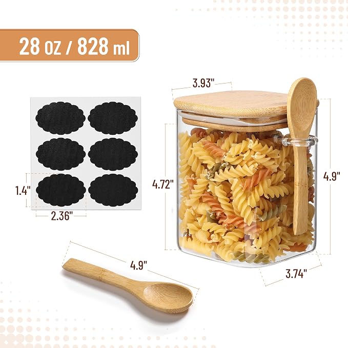 BAMBOO LAND- Glass Jars with Bamboo Lids and Spoons Set, 28 Oz, Set of 4, Glass Containers with Bamboo Lids Airtight for Loose Tea, Brown Sugar, Candy, Nuts