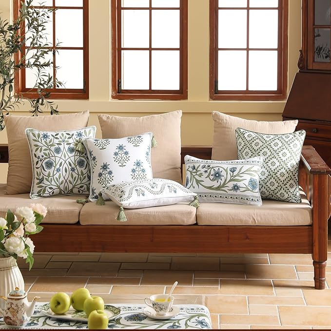 ISAENNE Design Fresh Linen Lumbar Throw Pillow Covers 12"x20" Pack of 2, French White Cottage Cushion Covers with Green Branches Pattern Decoration Pillowcases for Bed,Living Room,Outdoor,Car