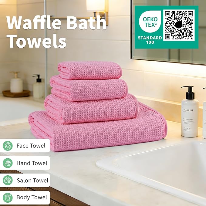 MICROFI Waffle Weave Bath Towel Set, Microfiber, 4 Pieces (Body/Hair/Hand/Face), Quick Dry, Lightweight, Super Absorbent, Lint Free, 380 GSM (Pink)